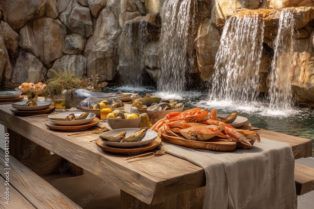 Fototapeta premium Seafood feast on wooden table with waterfall backdrop