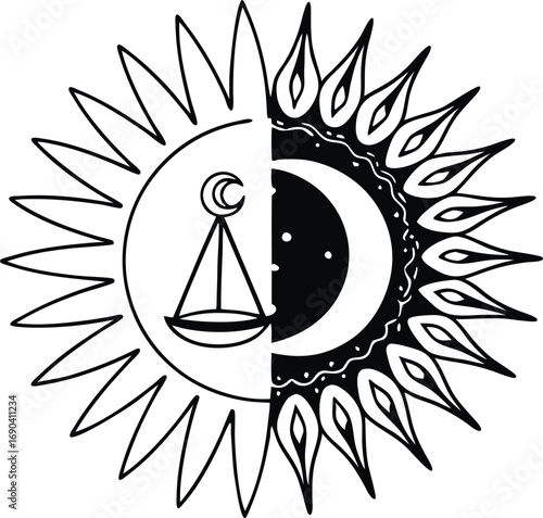 Abstract sun and moon duality line art, transparent background