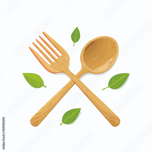 Crossed Wooden Fork And Spoon With Leaves