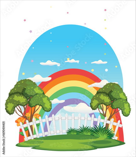 Garden with the beautiful rainbow | Premium Vector