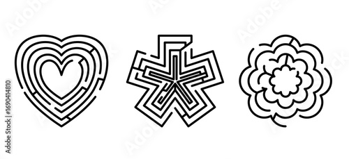 collection of creative maze puzzles in various shapes heart star and flower. intricate designs for playful educational content and graphic projects