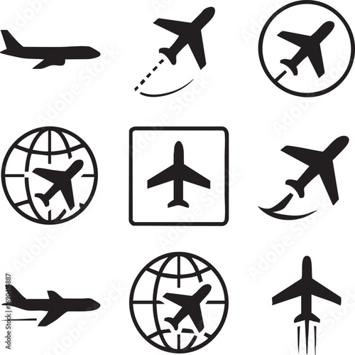Airplane icon set with flight, takeoff, and globe elements in black vector for travel, aviation, and global mobility design themes