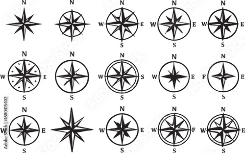 Compass rose icon set with cardinal and intermediate directions in black vector for maps, travel, and navigation design themes
