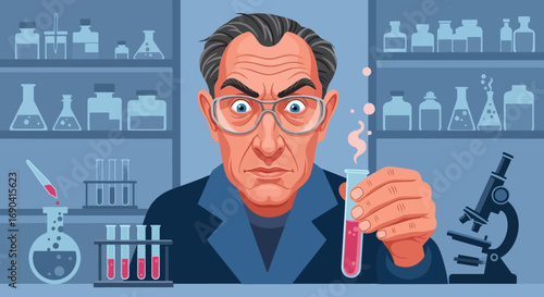 Focused Male Scientist with Safety Glasses Holding a Bubbling Test Tube in a Modern Research Laboratory Environment