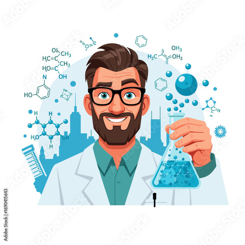 Smiling Male Scientist Holding a Flask with Blue Liquid, Surrounded by Chemical Structures, Symbolizing Scientific