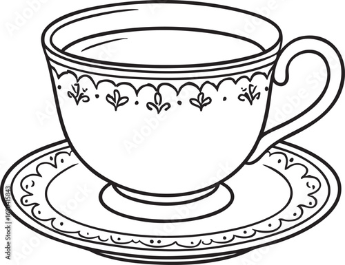 Vintage teacup with floral pattern and saucer in black outline vector for tea culture, kitchenware, and cozy lifestyle design
