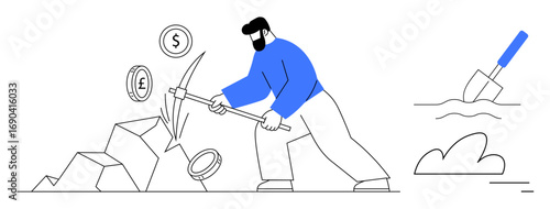 Man using pickaxe to extract currency coins from rocks, shovel in the background. Ideal for cryptocurrency, investment, blockchain, digital finance, mining, wealth creation, simple landing page