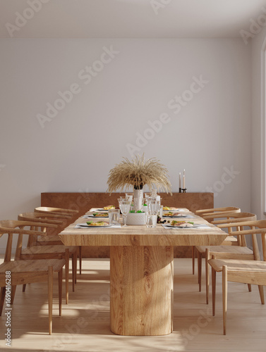 Home mock up, cozy modern dining room interior with natural wooden furniture, 3d render	