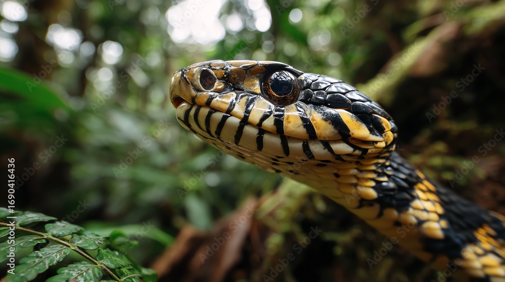 A striking close-up captures the intense gaze of a banded snake amidst lush foliage, highlighting its intricate scale patterns and natural camouflage within a vibrant ecosystem. A striking close-up captures the intense gaze of a banded snake amidst lush foliage, highlighting its intricate scale patterns and natural camouflage within a vibrant ecosystem.