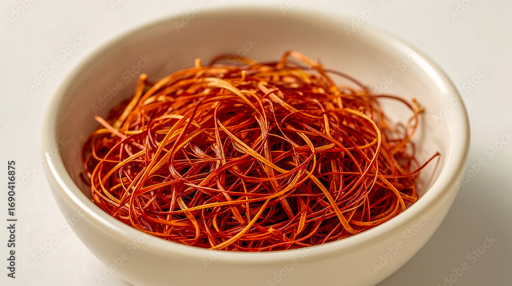 Fototapeta premium Close-up shot of dried chili threads in a white bowl against a white background. The threads are a vibrant orange-red color.