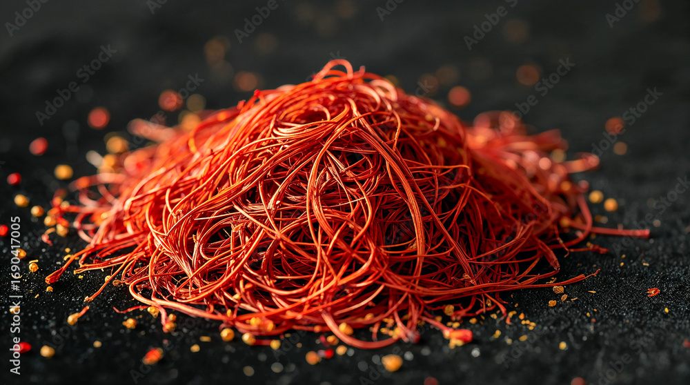 Naklejka premium A pile of dried chili threads and flakes scattered on a dark, textured surface. The vibrant red threads create a striking visual against the dark background.