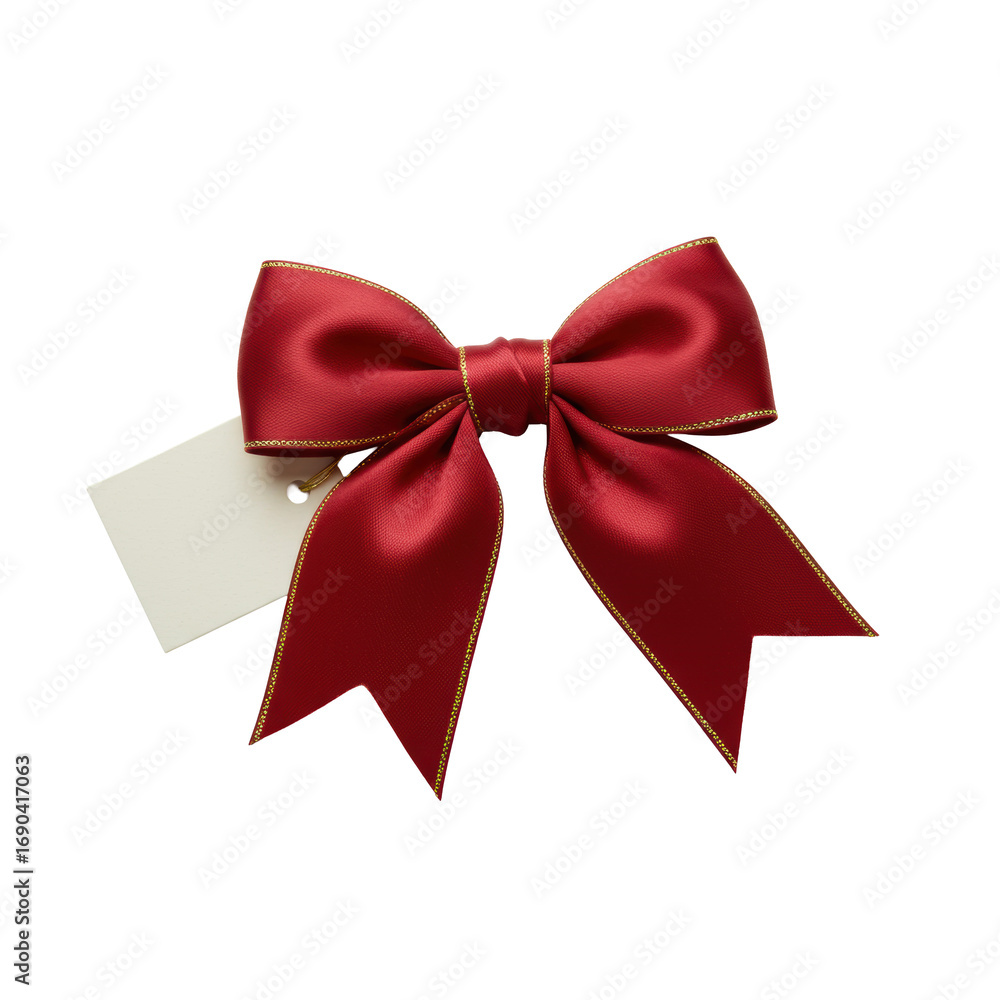 Fototapeta premium Deep red satin bow, gold metallic edge, perfect loops, small matte gift tag, isolated on transparent background, bright studio lighting, luxury product concept
