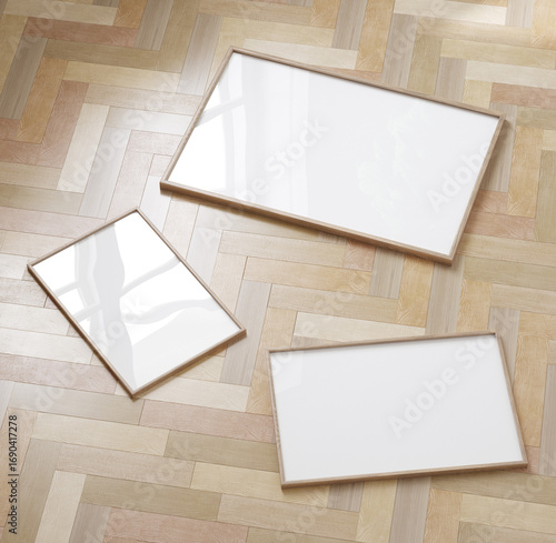 Frame mockup laying on natural parquet floor, 3d render