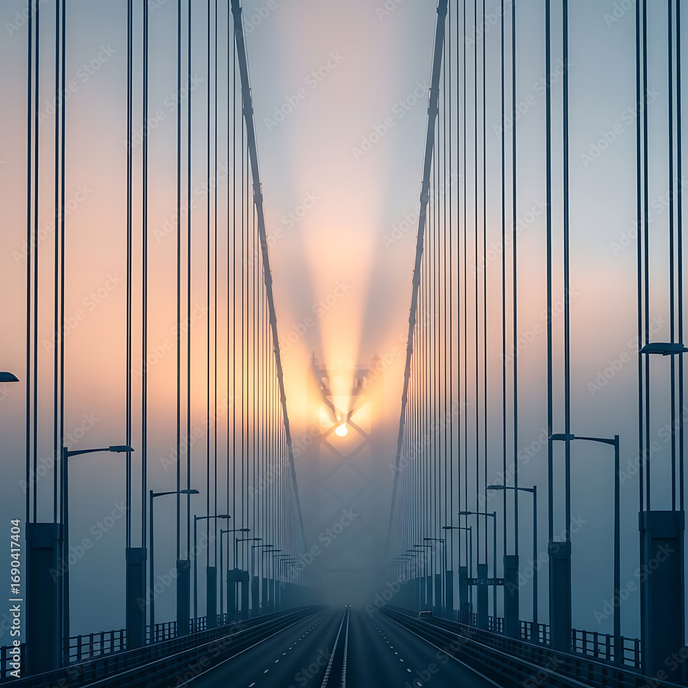 Obraz premium Illustration of suspension bridge disappearing into fog at sunrise, creating a dramatic and atmospheric scene