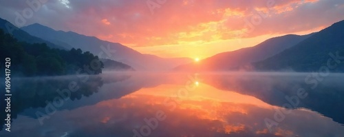 Serene sunrise over a tranquil lake, mist rising, conveying a sense of peaceful spiritual energy and inner calm Perfect for meditation, yoga, or mindfulness themes , quiet, mystical, yoga