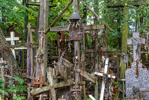 Fototapeta Naklejka Na Ścianę i Meble -  Wooden crosses left by pilgrims on the holy mountain of the Orthodox, Mount Garbarka in eastern Poland. Grabarka, Poland.