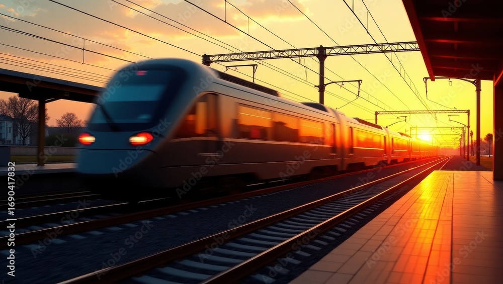Fototapeta premium Modern passenger train arriving at station during golden hour sunset