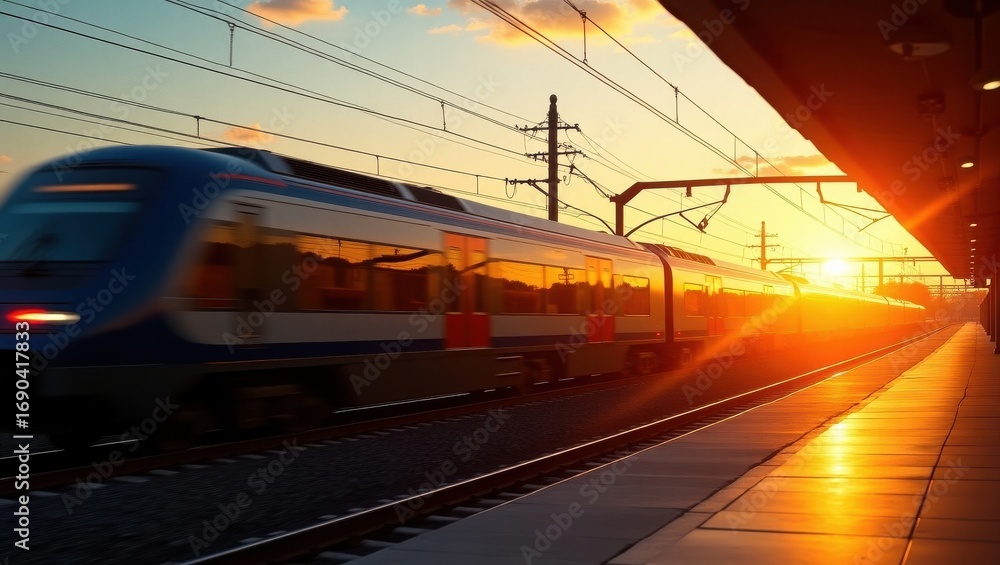 Fototapeta premium Modern passenger train arriving at station during golden hour sunset