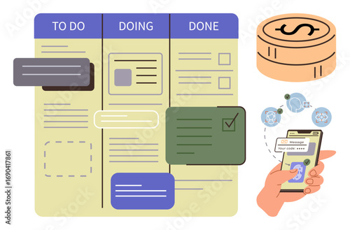 Kanban board with to-do, in-progress, and done sections, digital transactions on phone, and savings concept with coins. Ideal for project organization, productivity, task prioritization, teamwork