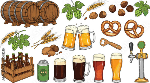 Beer mugs, wooden barrels, hops, malt, pretzel, beer cans, brewing ingredients and tools illustration for craft beer and brewery design.