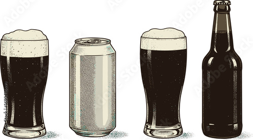 Dark beer illustration, vintage beer can, beer glass with foam, retro style beer bottle, hand-drawn brewery drink collection