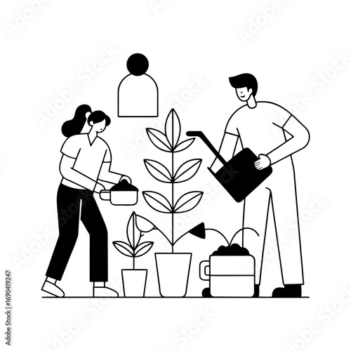 people gardening with watering cans plants