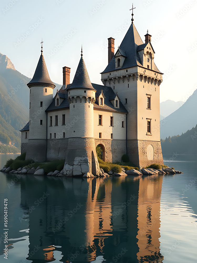 Fototapeta premium majestic castle stands proudly water edge weathered stone façade glowing warmly soft golden sunlight