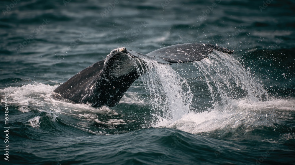 Obraz premium Majestic Whale Splashing Water with Fluke in Ocean Under Dramatic Lighting