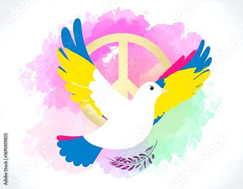 Peace dove with colorful wings and a peace sign