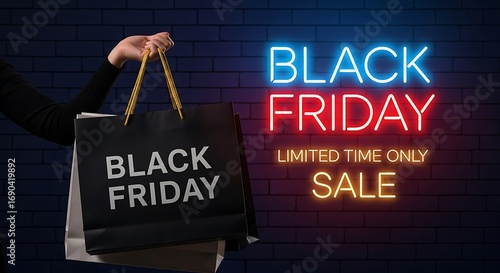 Black friday sale neon sign person holding shopping bag huge discount event marketing