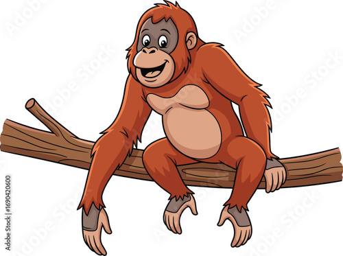 Funny cartoon orangutan smiling while sitting on a tree branch, jungle animal character vector illustration perfect for wildlife and children designs.