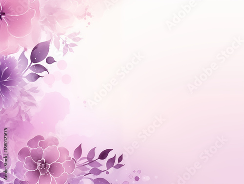 Elegant watercolor floral background featuring soft pastel colors in pink and purple tones, with space for text. Perfect for invitations and designs. 