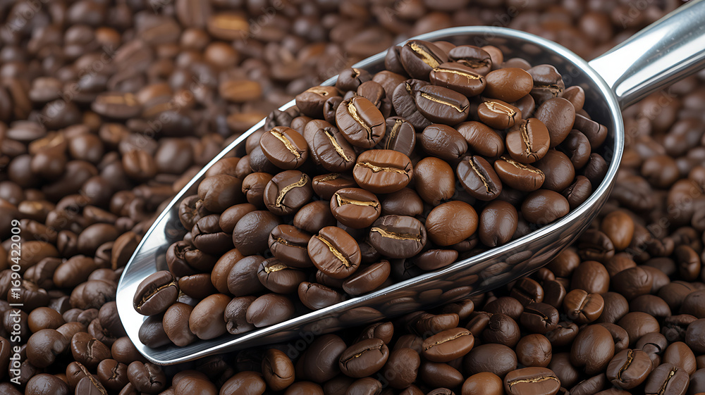 Fototapeta premium Close up of roasted coffee beans in metal scoop aroma fragrance freshness morning beverage ingredients