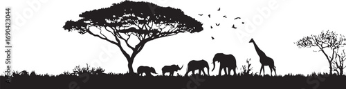 African savanna landscape with acacia trees and wildlife silhouette