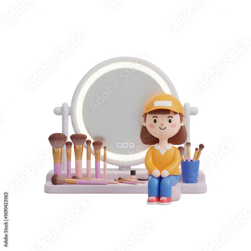 Cartoon Character Girl Illustration with Makeup Tools Transparent Background 3D Rendering