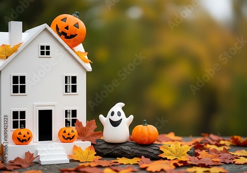 Spooky halloween haunted house scene with pumpkins and cute ghost festive autumn decor
