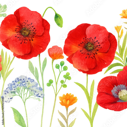 A vibrant set of beautiful red poppies with delicate petals blossoms in a summer field