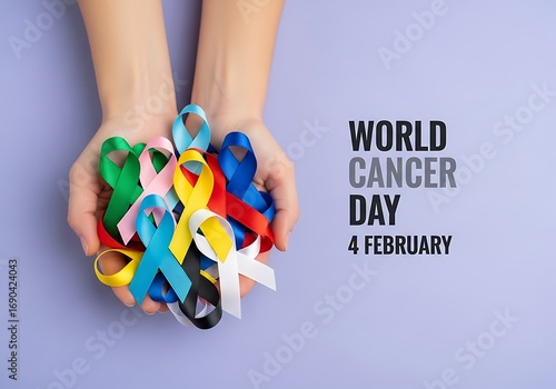 Hands holding colorful awareness ribbons for world cancer day february 4th support and hope