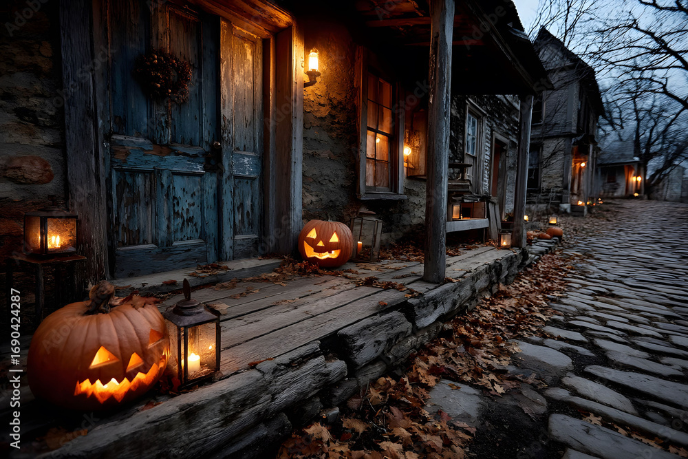 Obraz premium Halloween Night: Rustic Porch with Jack-o'-Lanterns and Lanterns on Leaf-Strewn Cobblestone Street