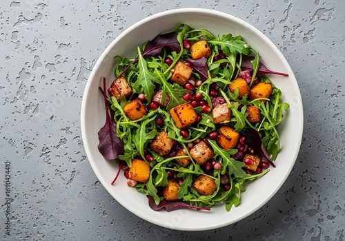 Fresh and vibrant roasted butternut squash salad with pomegranate seeds and greens in a white bowl overhead view