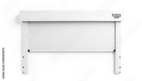 White rolling shutter door with horizontal slats and mounting frame  