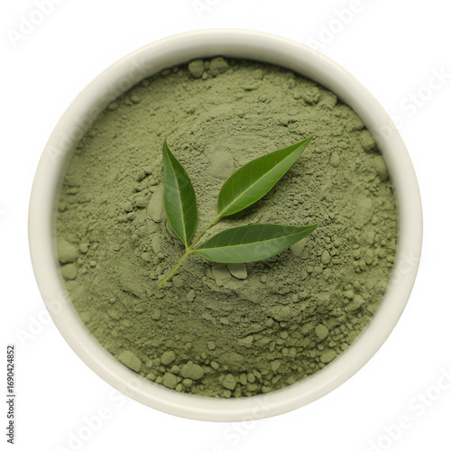 Top View of Bowl with Green Neem Powder Isolated on Transparent Background