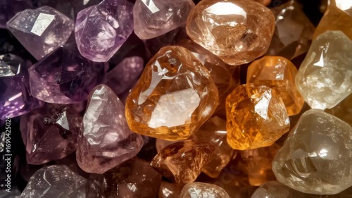 Amethyst and citrine gemstones gleam and rotate in golden light