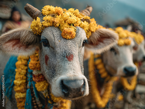 Sacred cows decorated with marigold flowers and tika during Tihar festival, villagers respectfully bowing and offering prayers, rural Nepalese village in the background