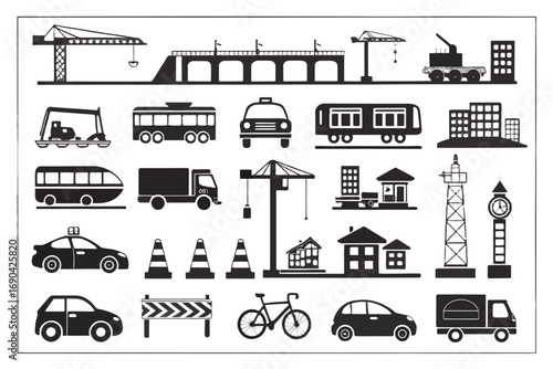 Various transportation icons including cars, boats, and planes  