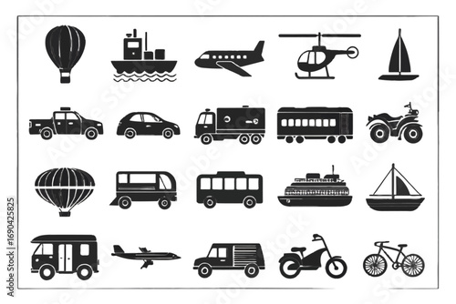 Various transportation icons including cars, boats, and planes  