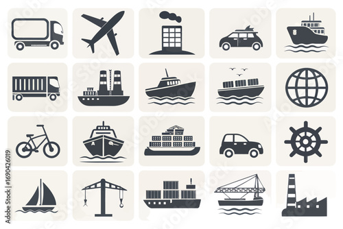 Various transportation icons including cars, boats, and planes  