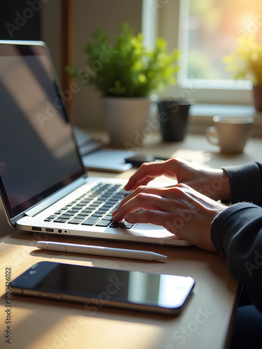 freelancer hands hover keyboard type sleek silver laptop surrounded smartphone digital tablet cluttered