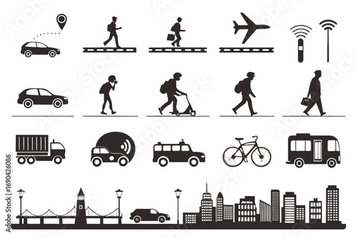 Various transportation icons including cars, boats, and planes  
