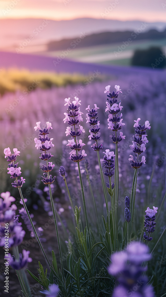 Obraz premium Close up of blooming lavender field against a soft, scenic backdrop